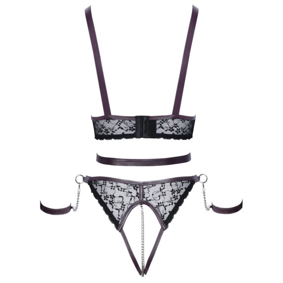COMPLETO HARNESS SEXY DONNA NERO E VIOLA CON MANETTE E CAVALLO APERTO