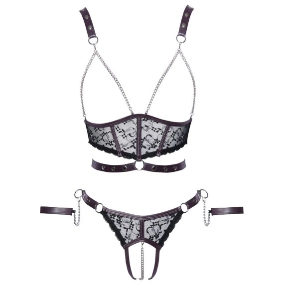 COMPLETO HARNESS SEXY DONNA NERO E VIOLA CON MANETTE E CAVALLO APERTO