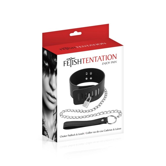 COLLARE REGOLABILE NERO SEX TOY CON LUCCHETTO E GUINZAGLIO