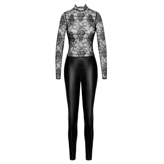 TUTA SEXY DA DONNA CON CERNIERA SUL CAVALLO IN PIZZO E SPANDEX NOIR