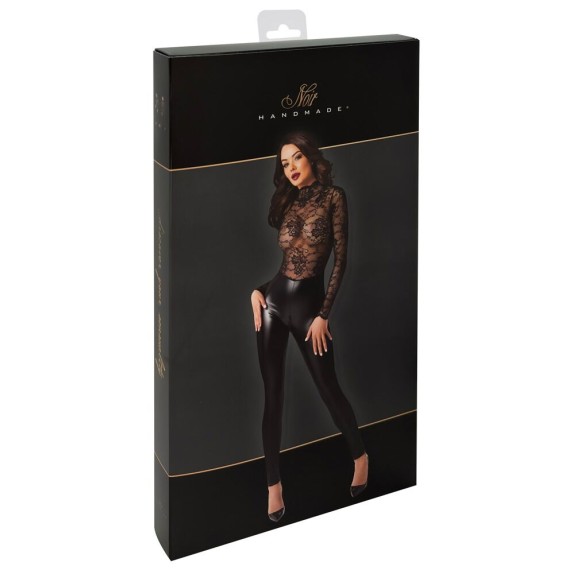 TUTA SEXY DA DONNA CON CERNIERA SUL CAVALLO IN PIZZO E SPANDEX NOIR