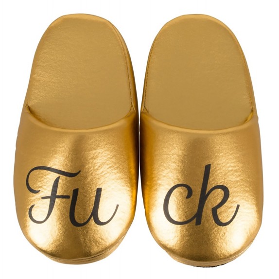 CIABATTE COLOR ORO CON SCRITTA FUCK
