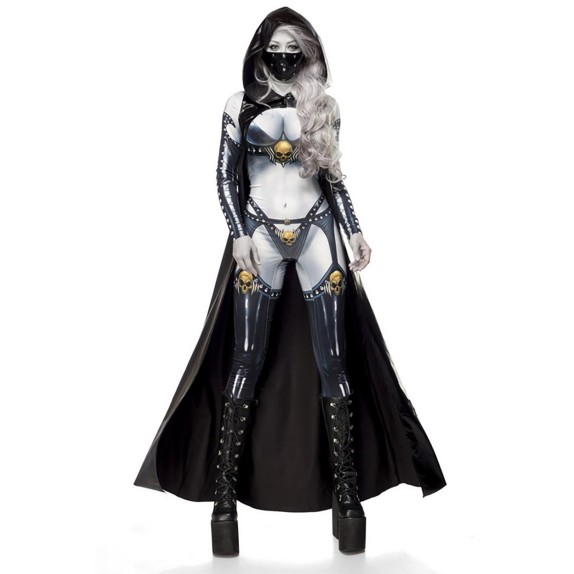 COSTUME TRAVESTIMENTO DA SIGNORA MORTE TUTA STAMPATA E ACCESSORI SET 3 PZ