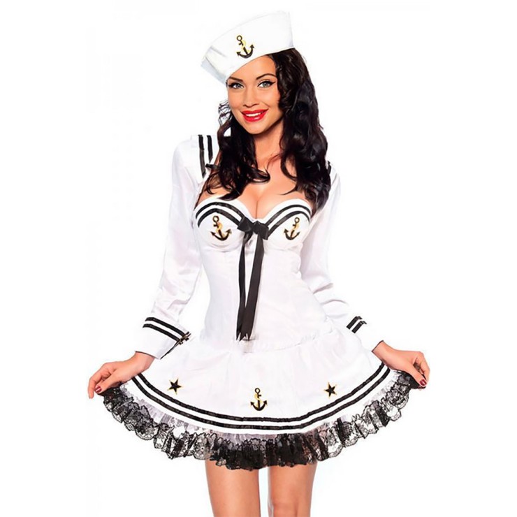 COSTUME TRAVESTIMENTO DA MARINAIA SEXY CON GONNA SET 4 PEZZI