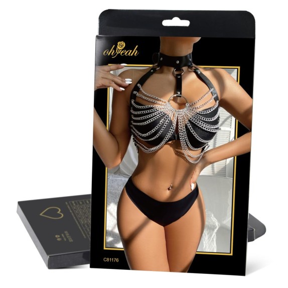 HARNESS SEXY DA DONNA A REGGISENO IN ECOPELLE CON CATENE SUL SENO