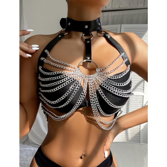 HARNESS SEXY DA DONNA A REGGISENO IN ECOPELLE CON CATENE SUL SENO