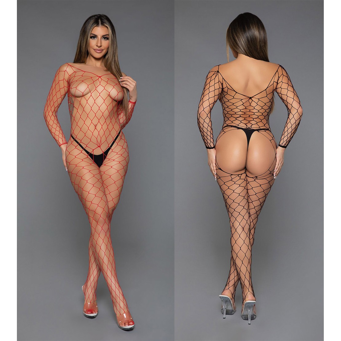 BODYSTOCKING APERTO IN RETE LARGA CON PIEDE E...