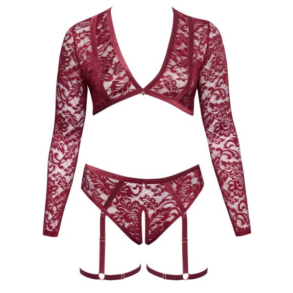 SET TOP E CULOTTE APERTA CON GIARRETTIERE IN PIZZO BORDEAUX 2 PZ