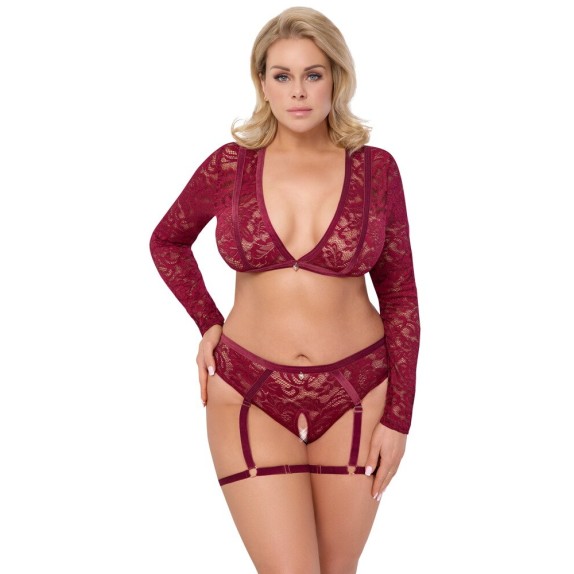 SET TOP E CULOTTE APERTA CON GIARRETTIERE IN PIZZO BORDEAUX 2 PZ
