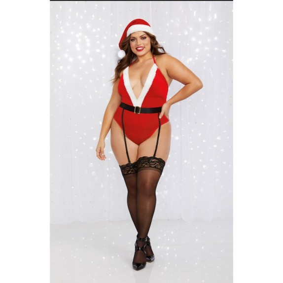 COMPLETO SEXY DA BABBA NATALE DONNA SET 3 PEZZI BODY CAPPELLO E REGGICALZE