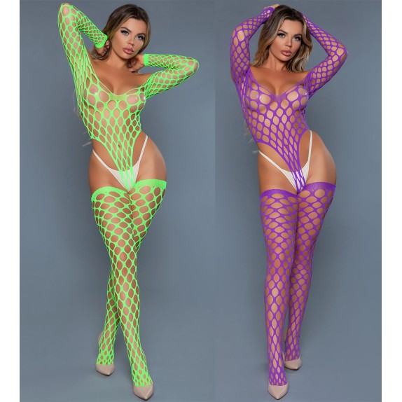 BODY CON CALZE ABBINATE IN RETE SEXY COMPLETO 2 PZ VIOLA & GIALLO FLUO