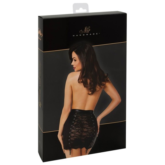 MINI GONNA IN SPANDEX E PIZZO APERTA DIETRO CON PINZETTE PER CALZE