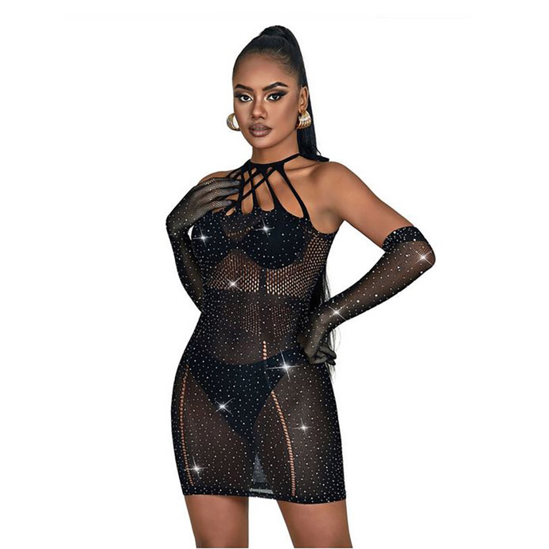 MINI ABITO SEXY NERO PER DONNA IN MICRORETE CON...