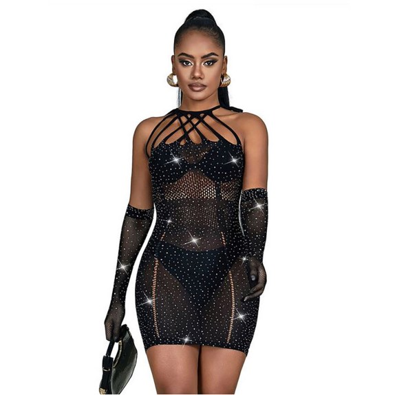 MINI ABITO SEXY NERO PER DONNA IN MICRORETE CON STRASS SUBBLIME
