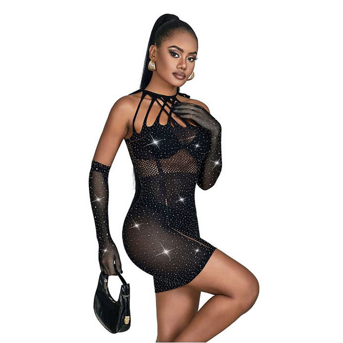 MINI ABITO SEXY NERO PER DONNA IN MICRORETE CON...