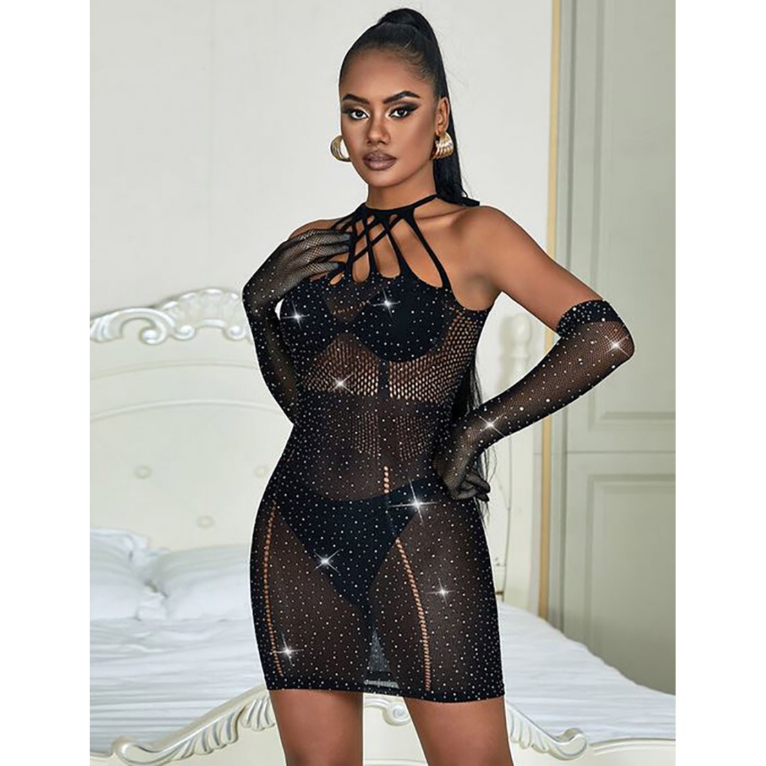 MINI ABITO SEXY NERO PER DONNA IN MICRORETE CON...