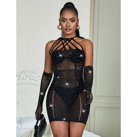 MINI ABITO SEXY NERO PER DONNA IN MICRORETE CON STRASS SUBBLIME
