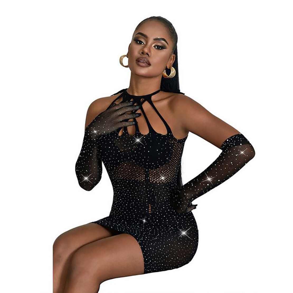MINI ABITO SEXY NERO PER DONNA IN MICRORETE CON...