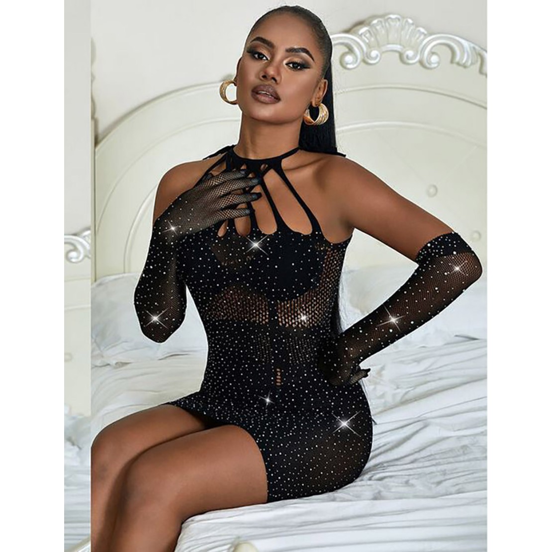 MINI ABITO SEXY NERO PER DONNA IN MICRORETE CON...