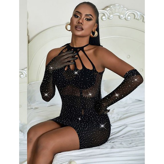 MINI ABITO SEXY NERO PER DONNA IN MICRORETE CON STRASS SUBBLIME