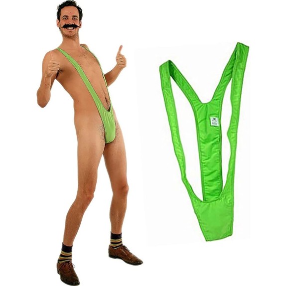 TRIKINI SEXY PER UOMO VERDE FLUO IN TESSUTO COSTUME BORAT