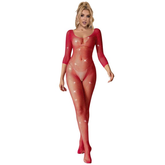 BODYSTOCKING APERTO SEXY PER DONNA IN RETE ROSSA CON STRASS