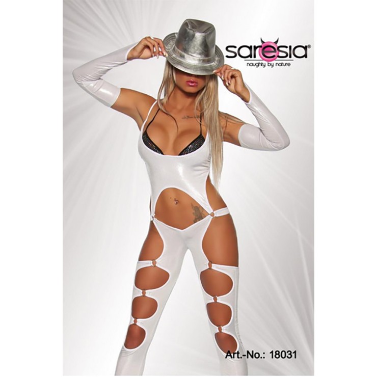 TUTA SEXY BIANCA PER DONNA CON APERTURE E GUANTI SARESIA 2