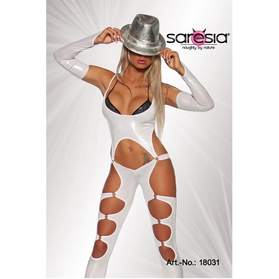 TUTA SEXY BIANCA PER DONNA CON APERTURE E GUANTI SARESIA