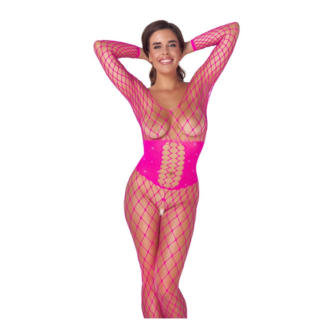 CATSUIT APERTA SEXY IN RETE FUCSIA CON STRASS...