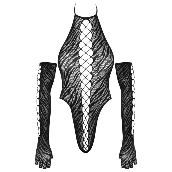 BODY SGAMBATO SEXY IN RETE APERTA E TIGRATO CON GUANTI SENZA DITA