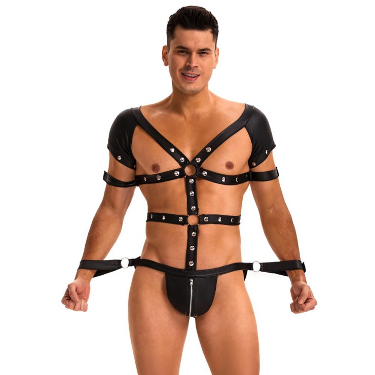 BODY HARNESS SEXY UOMO BORCHIATO CON MANETTE E ZIP SULLA...
