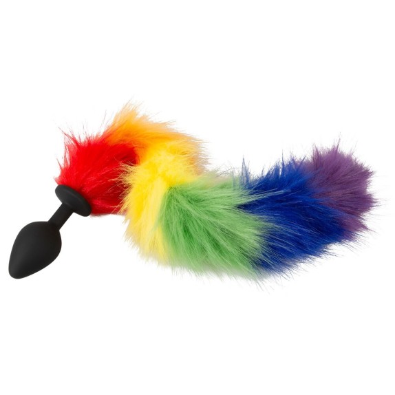 PLUG ANALE NERO IN SILICONE CON CODA IN PELLICCIA SINTETICA ARCOBALENO