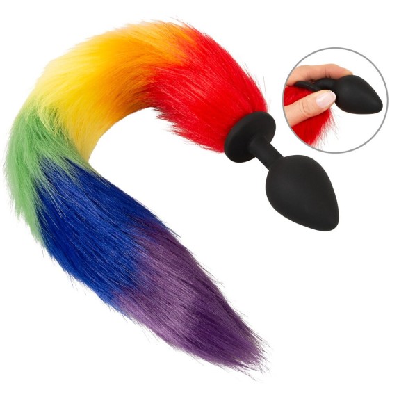 PLUG ANALE NERO IN SILICONE CON CODA IN PELLICCIA SINTETICA ARCOBALENO