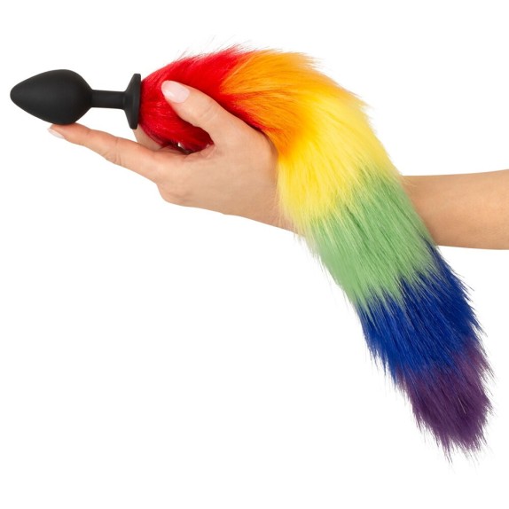 PLUG ANALE NERO IN SILICONE CON CODA IN PELLICCIA SINTETICA ARCOBALENO