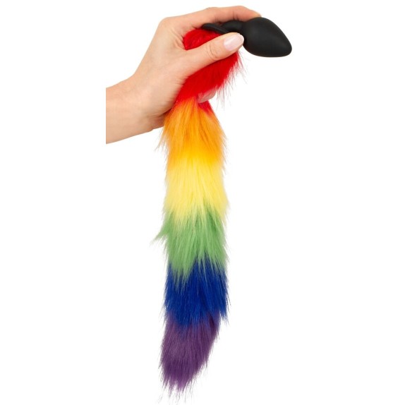 PLUG ANALE NERO IN SILICONE CON CODA IN PELLICCIA SINTETICA ARCOBALENO