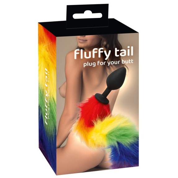 PLUG ANALE NERO IN SILICONE CON CODA IN PELLICCIA SINTETICA ARCOBALENO