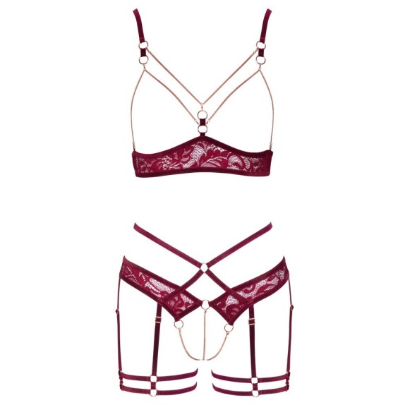 COMPLETO INTIMO APERTO SEXY PER DONNA CON CATENELLE E PIZZO BORDEAUX