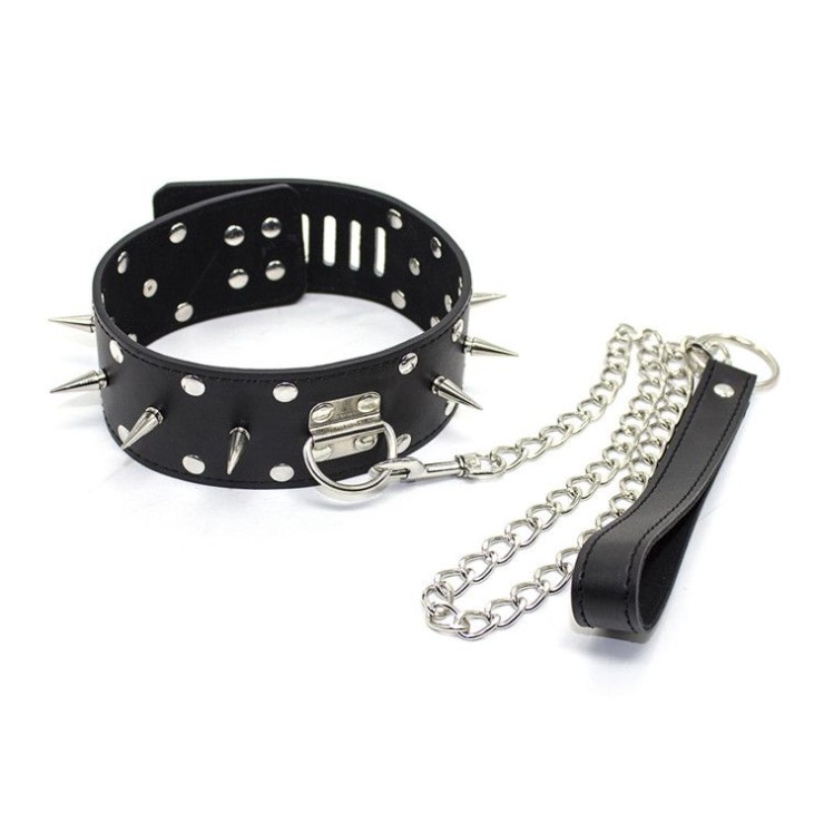 COLLARE CON BORCHIE SPIKES IN ECOPELLE CON GIUINZAGLIO E...