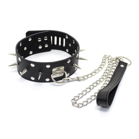 COLLARE CON BORCHIE SPIKES IN ECOPELLE CON GIUINZAGLIO E LUCCHETTO