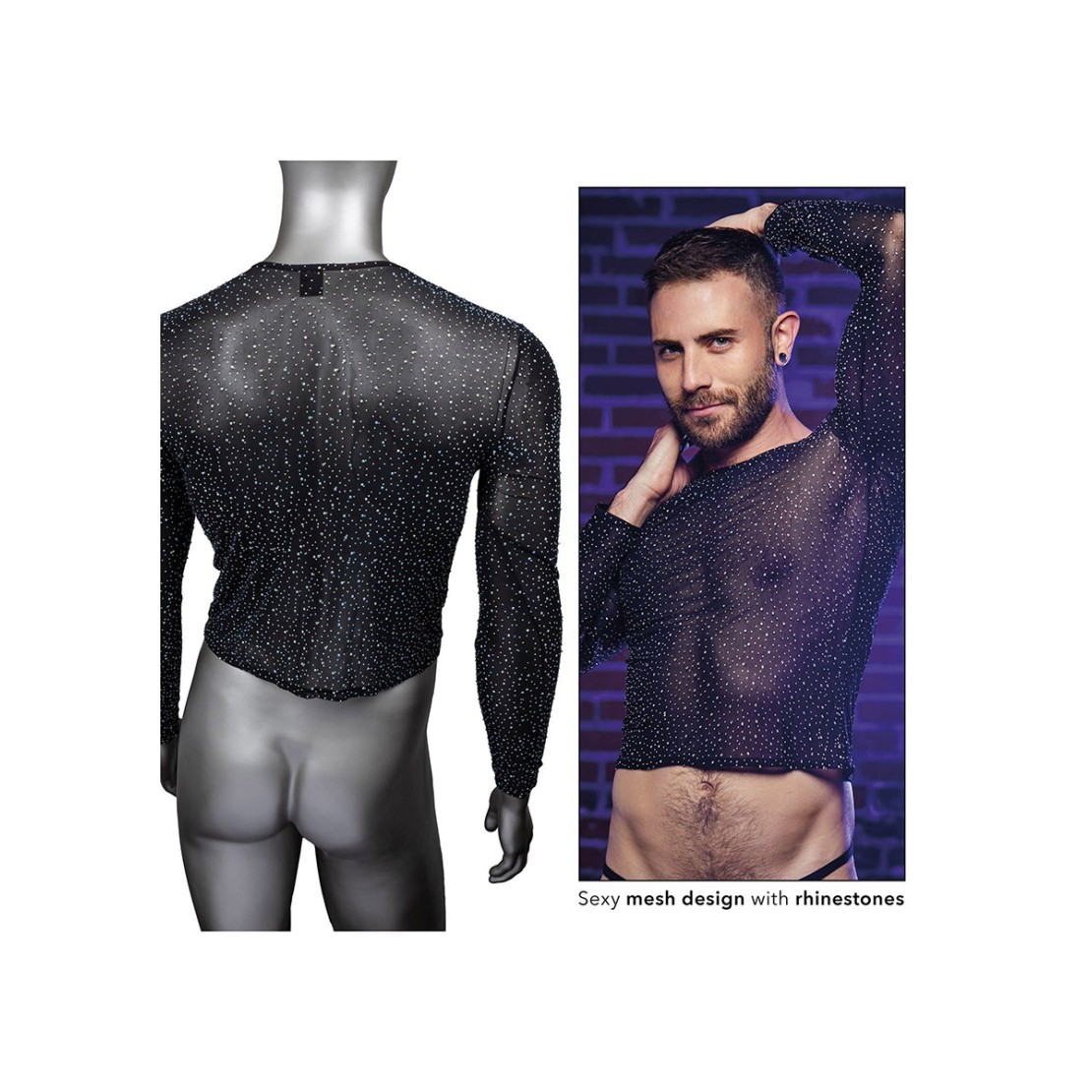 MAGLIA A MANICHE LUNGHE IN MICRORETE CON STRASS...