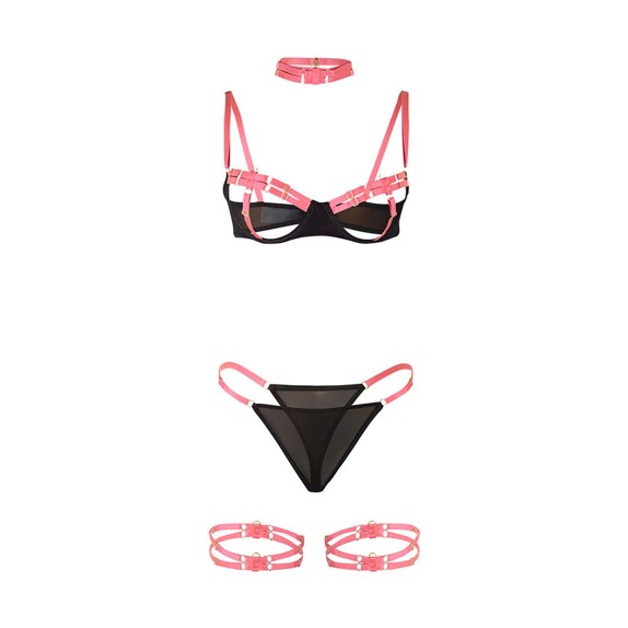 SET 4 PEZZI LINGERIE STILE HARNESS CON ACCESSORI COLLARE E GIARRETTIERE