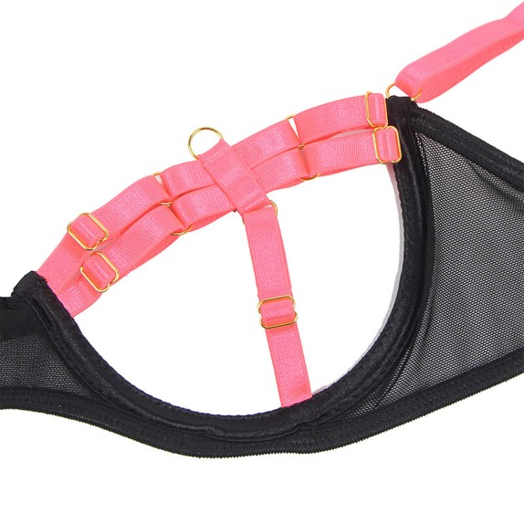 SET 4 PEZZI LINGERIE STILE HARNESS CON ACCESSORI COLLARE E GIARRETTIERE