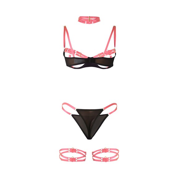 SET 4 PEZZI LINGERIE STILE HARNESS CON ACCESSORI COLLARE E GIARRETTIERE