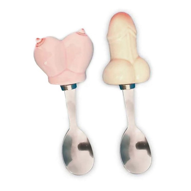 COPPIA CUCCHIAINI CON TETTA E PISELLO IN CERAMICA GADGET...