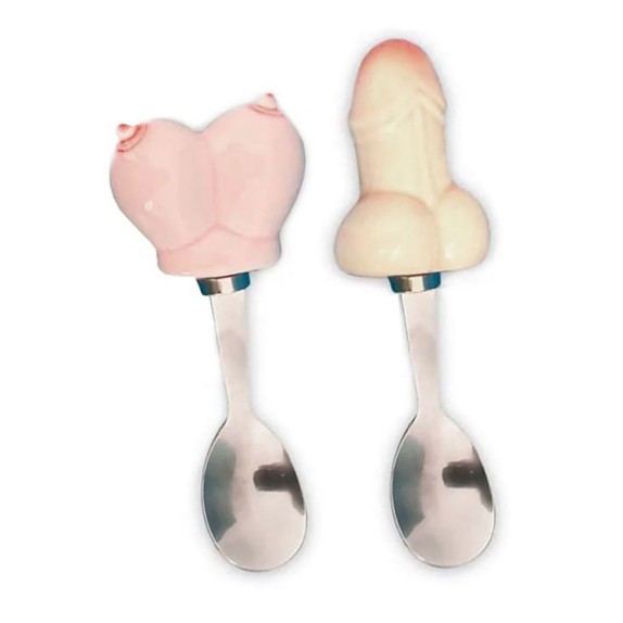COPPIA CUCCHIAINI CON TETTA E PISELLO IN CERAMICA GADGET SCHERZOSO
