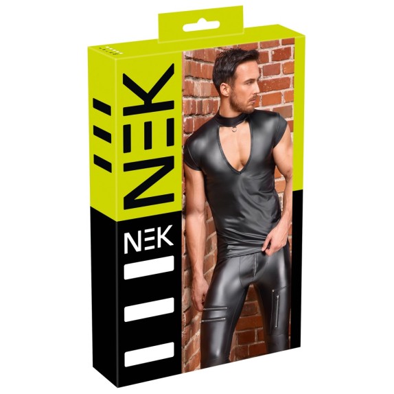 MAGLIA NERA SCOLLATA CON ANELLO PER UOMO IN SPANDEX OPACO ADERENTE