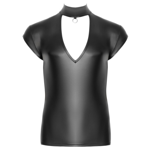 MAGLIA NERA SCOLLATA CON ANELLO PER UOMO IN SPANDEX OPACO ADERENTE