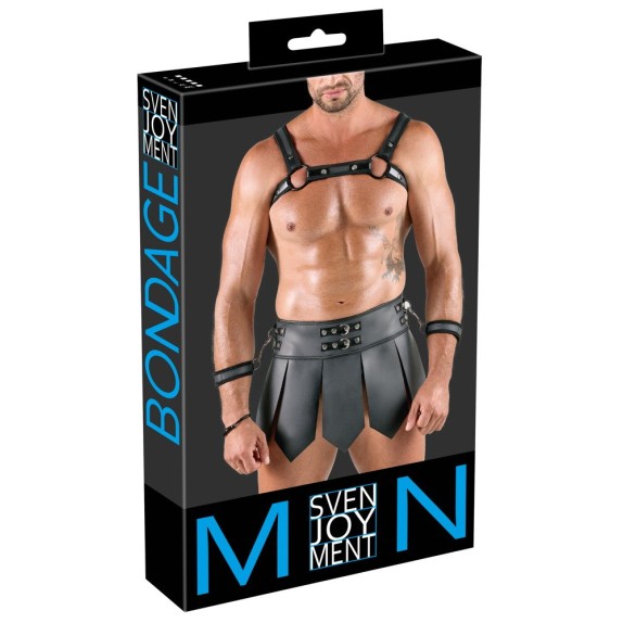 SET BONDAGE UOMO CON HARNESS E GONNA GLADIATORE CON MANETTE