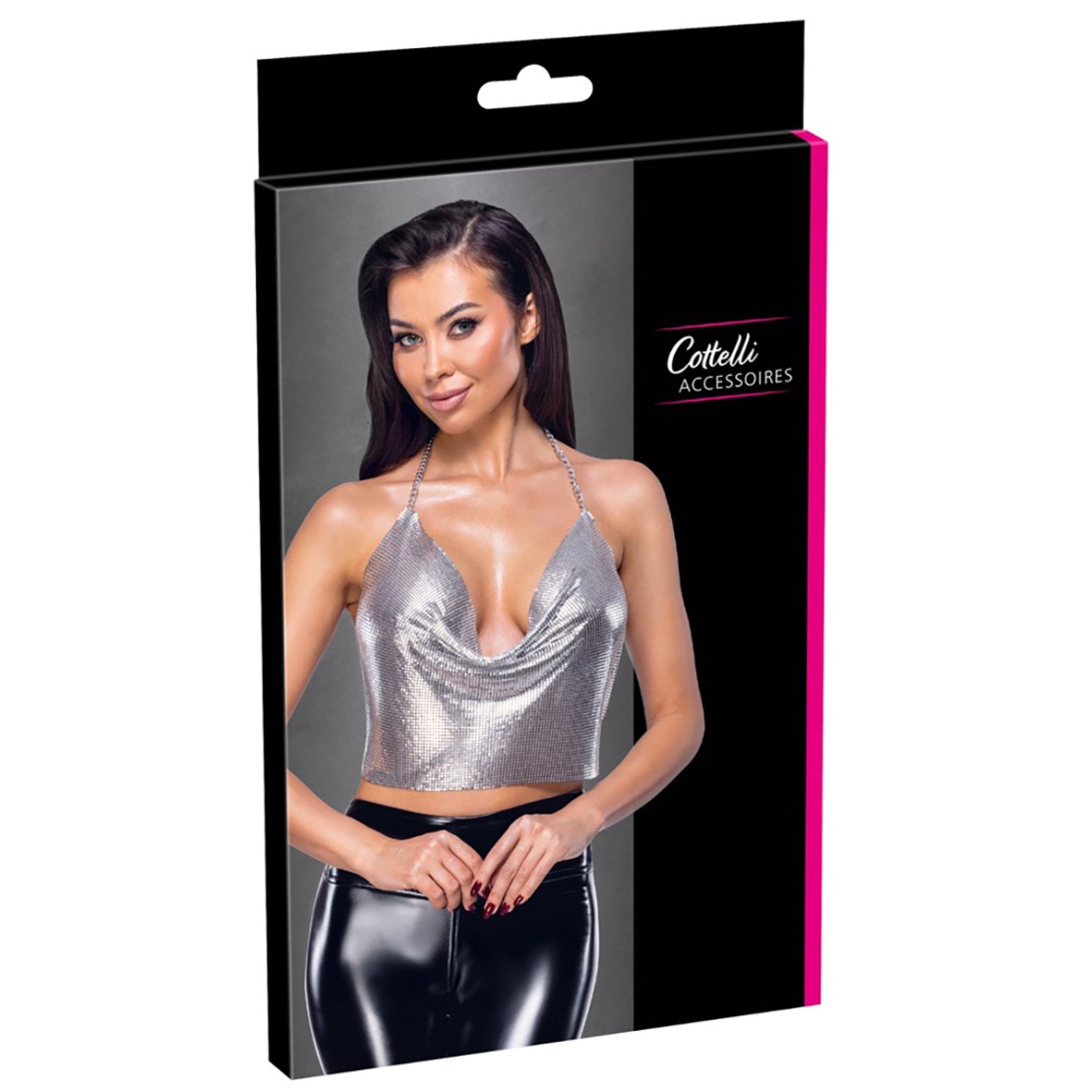 CROP TOP IN METALLO ARGENTO SCOLLO A CASCATA...