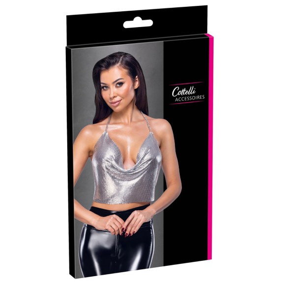 CROP TOP IN METALLO ARGENTO SCOLLO A CASCATA CON CATENA REGOLABILE